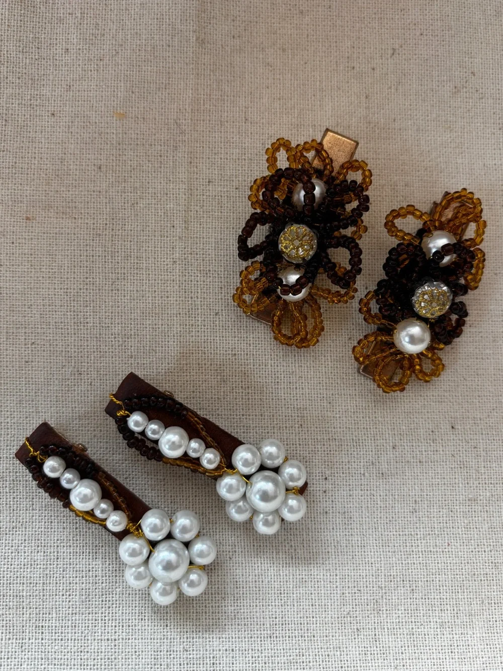 Handcrafted Pearl & Beaded Floral Hair Clips - Brown/Gold